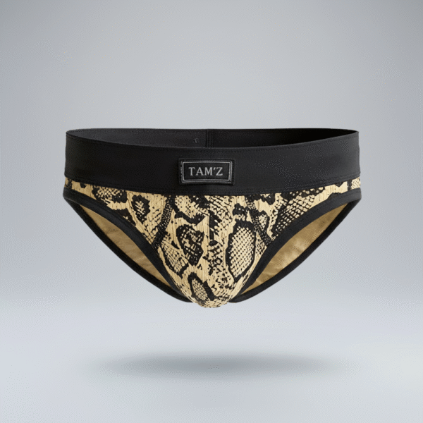 Cobra brief men’s underwear by TAMZ with snake skin print design