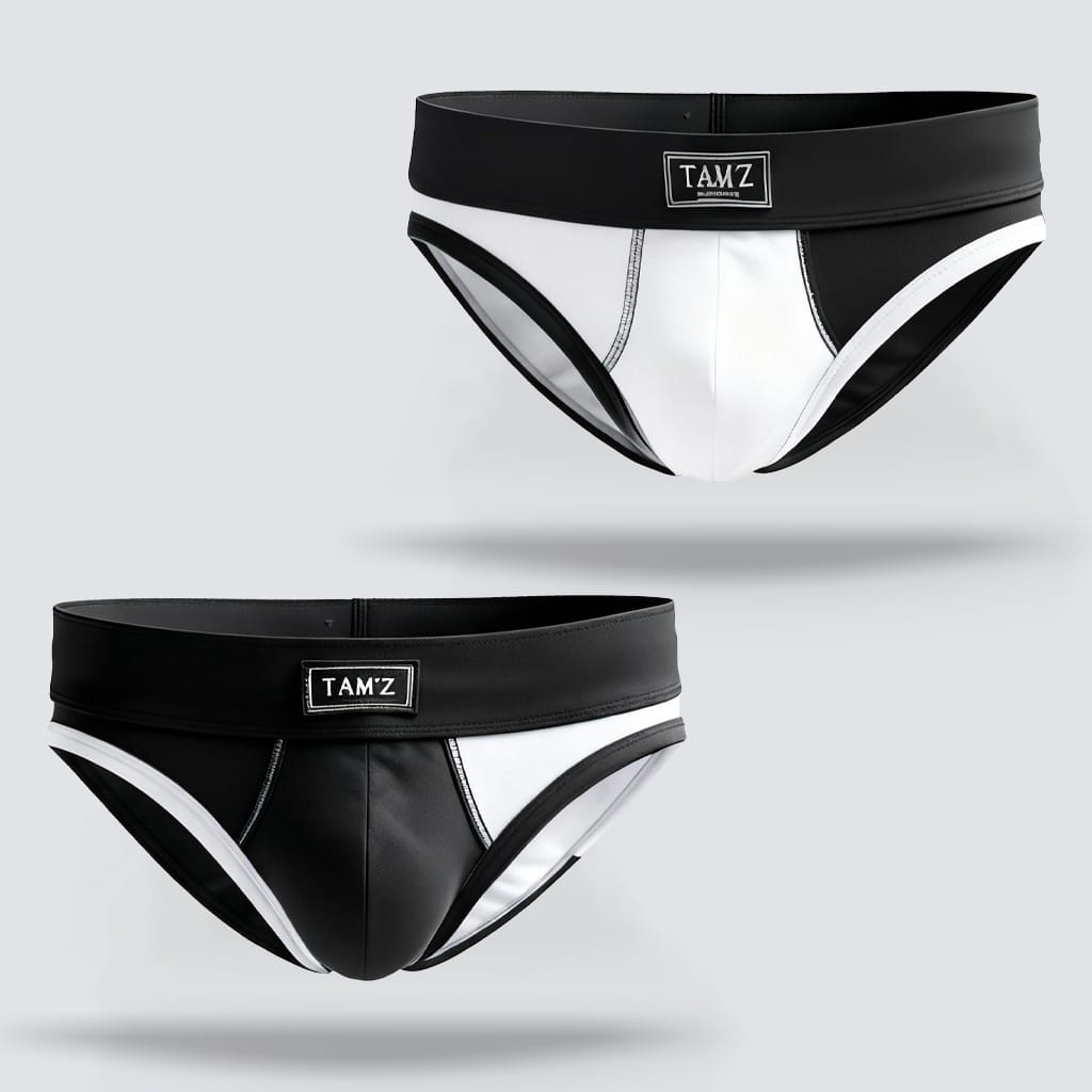 TAMZ men’s black and white briefs with two-tone design and smooth waistband
