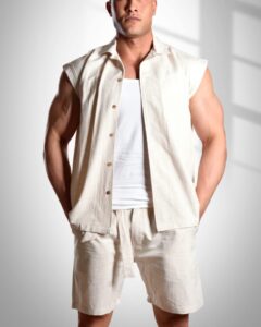 Plain sleeveless linen shirt for men, summer-ready breathable fabric