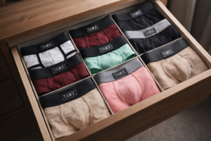 Men underwear drawer organizer with neatly folded boxers, briefs and trunks in multiple colors