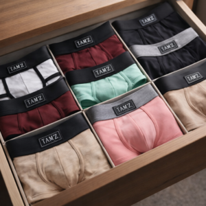 Men underwear drawer organizer with neatly folded boxers, briefs and trunks in multiple colors