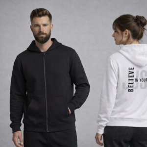 Black and white zip-up hoodies worn by man and woman with Believe in Yourself print