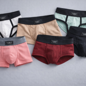 مجموعة اندر وير رجالي من TAMZ بتضم سليب وترانك ألوان سادة: بيج، بينك، نبيتي، منت، أبيض، وأسود، متصوّرة بطريقة فلات لاي على خلفية قماش رمادي ناعم مع ظهور لوجو الاستيك بوضوح في لقطة نظيفة وبريميوم.