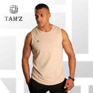 Man wearing beige sleeveless athletic tank top front view