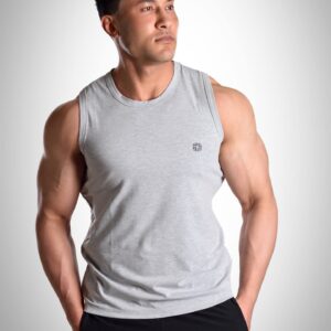 Man wearing gray sleeveless athletic tank top front view